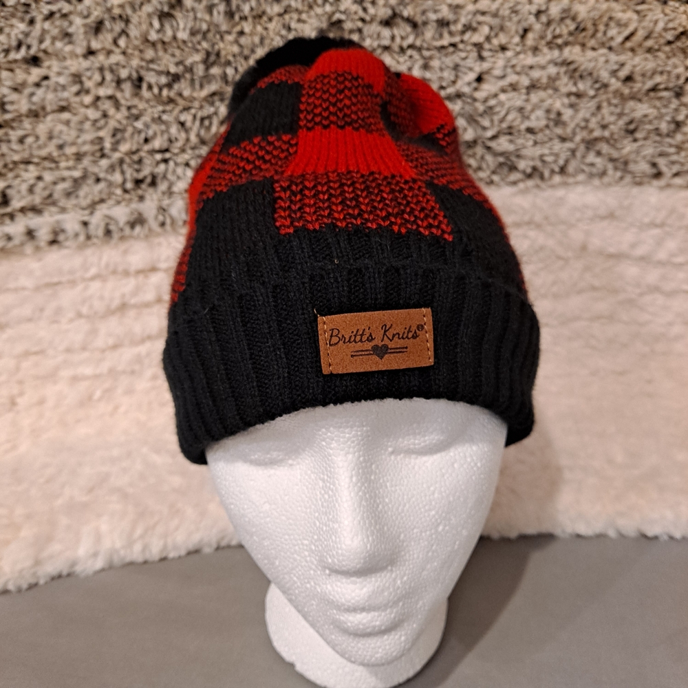 Britt's Knits Red and Black Plaid Women's Beanie With Pompom And Faux Fur Liner